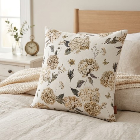 Cojín Abril Beige 45x45 cm –con estampado Floral sobre una cama