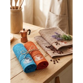 Set de paños de cocina de rizo absorbente 50x50 cm, diseño Coffee Time en colores surtidos.