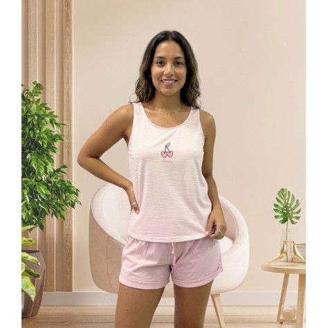Pijama Corto de Tirantes para Mujer – 100% Algodón con Estampado de Cerezas y Rayas Rosas