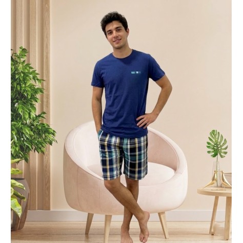 pijama de verano compuesto por camiseta azul de manga corta 100% algodón y pantalón corto con estampado de cuadros