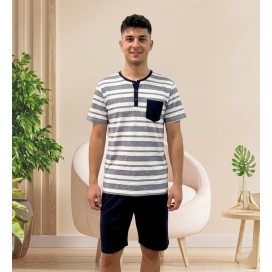 pijama 100% algodón, camiseta de rayas con cuello Henley de botones y bolsillo azul marino, con pantalón corto liso a juego