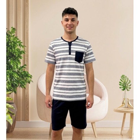 pijama 100% algodón, camiseta de rayas con cuello Henley de botones y bolsillo azul marino, con pantalón corto liso a juego