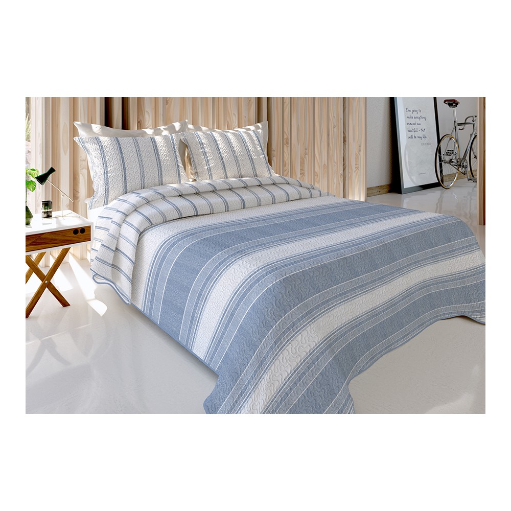 Colcha bouti reversible con diseño de franjas azules y blancas, acolchado termosellado y fundas de cojín de 55x55 cm a juego.