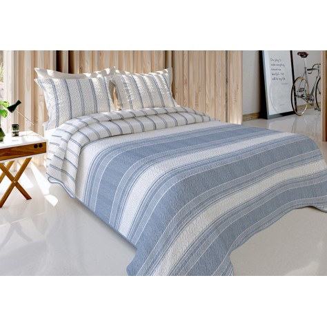 Colcha bouti reversible con diseño de franjas azules y blancas, acolchado termosellado y fundas de cojín de 55x55 cm a juego.