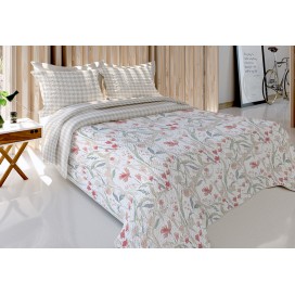 Colcha bouti reversible con estampado floral en tonos rosa y coral, acolchado termosellado y fundas de cojín de 55x55 cm a juego