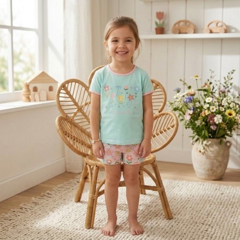 pijama corto niña verde mena con estampado de flores