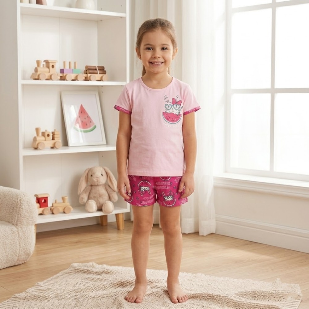 pijama niña corto de algodon rosa y fucsia
