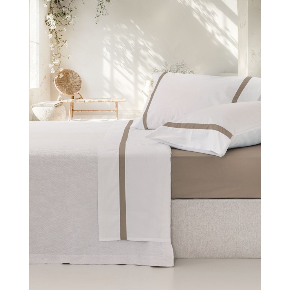 Juego de Sábanas 100% Algodón Percal de 200 Hilos – Blanco y Taupe Elegante
