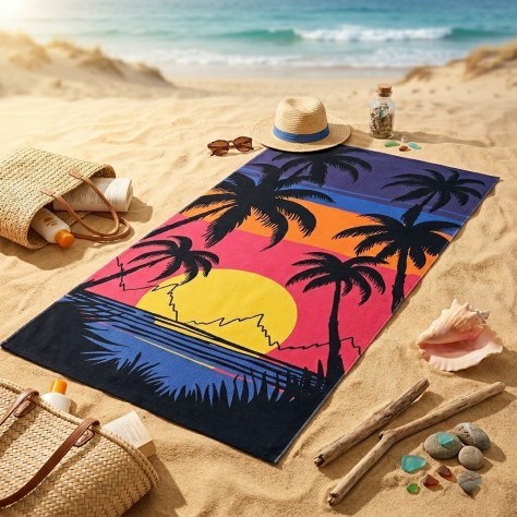 Toalla de playa 100% algodón de 90x170 cm con diseño de atardecer tropical, palmeras y estilo surf