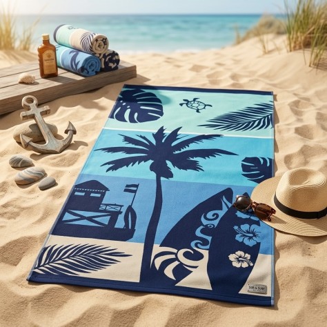 Toalla de playa de algodón 100% en tonos azules con diseño jacquard de tablas de surf, palmera, hojas tropicales y una tortuga
