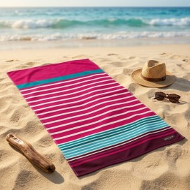 Toalla de playa 100% algodón de 90x170 cm con diseño jacquard de rayas horizontales en color fucsia, blanco y turquesa