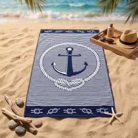 Toalla de playa marinera de 90x170 cm en color azul marino y blanco con diseño de ancla, cuerdas y rayas