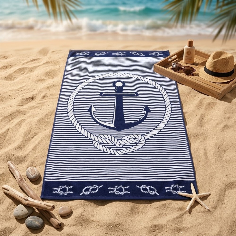 Toalla de playa marinera de 90x170 cm en color azul marino y blanco con diseño de ancla, cuerdas y rayas
