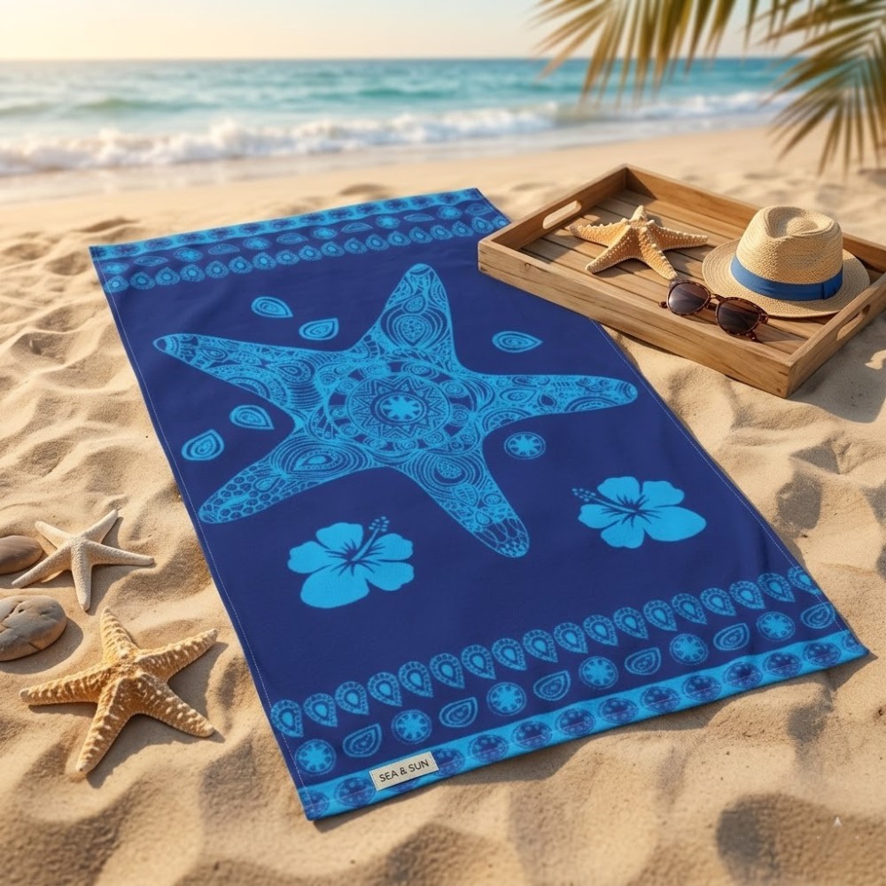 Toalla de playa de 90x170 cm en tonos azules con diseño central de estrella de mar estilo mandala y flores
