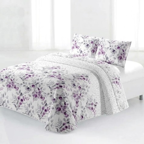 Colcha Bouti Reversible Termosellada Galia – Diseño Floral Violeta y Gris