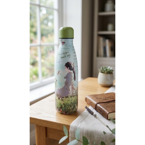 Botella Térmica de Acero Inoxidable "Nature Ways" – Termo Reutilizable Ilustrado Verde Pastel