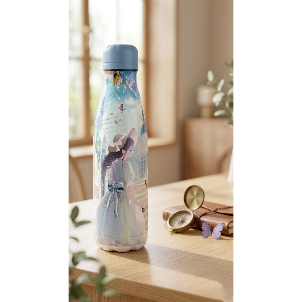 Botella Térmica de Acero Inoxidable "Sky Dreamer" – Termo Reutilizable Ilustrado Azul Pastel