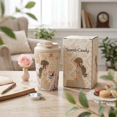 Vaso Térmico de Acero Inoxidable – Taza de Café Portátil Ilustración Vintage Crema