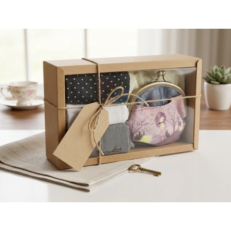 Caja Regalo "Sweet Details" – Set con Monedero Vintage Ilustrado y 3 Pares de Calcetines de Algodón Surtidos