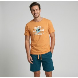 Pijama Corto de Verano para Hombre - 50% Algodón - Estampado "Dios de los Mares" - Color Mostaza y Azul Petróleo