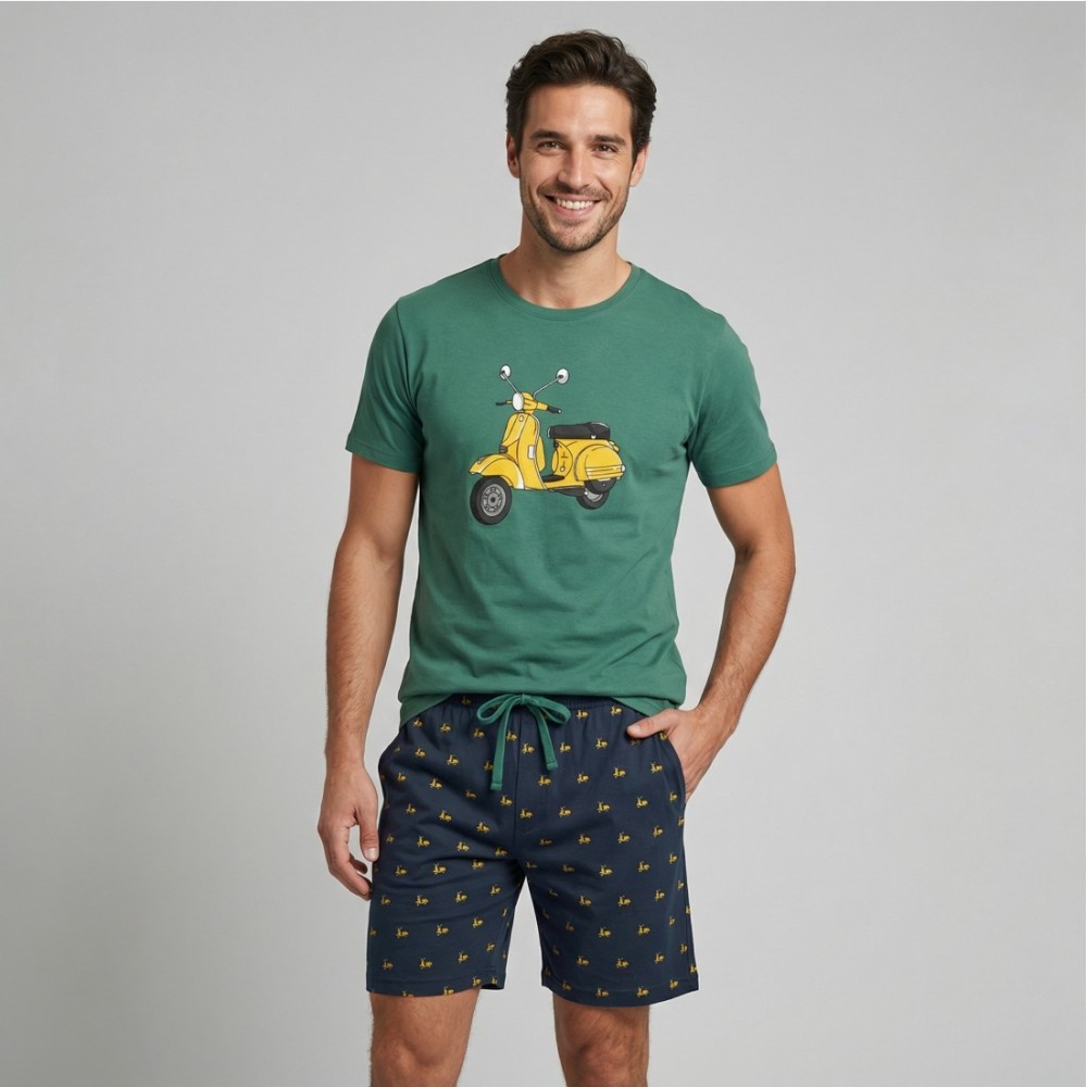 Pijama Corto de Verano para Hombre - 50% Algodón - Estampado Moto Scooter - Color Verde y Azul Marino