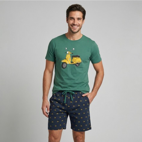 Pijama Corto de Verano para Hombre - 50% Algodón - Estampado Moto Scooter - Color Verde y Azul Marino