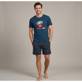 Pijama Corto de Verano para Hombre - 50% Algodón - Estampado "Surfing Day" - Color Azul Marino