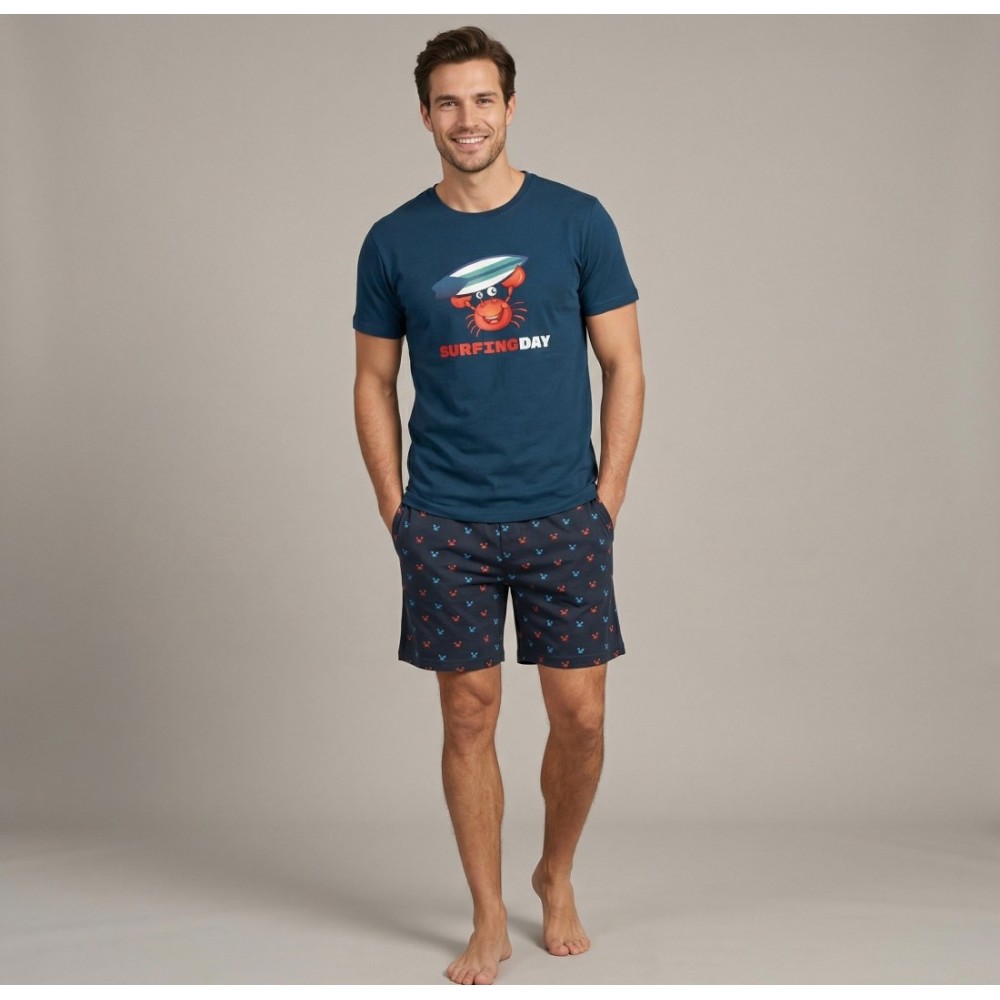Pijama Corto de Verano para Hombre - 50% Algodón - Estampado "Surfing Day" - Color Azul Marino