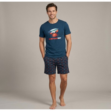 Pijama Corto de Verano para Hombre - 50% Algodón - Estampado "Surfing Day" - Color Azul Marino