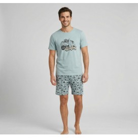 Pijama Corto de Verano para Hombre - 50% Algodón - Estampado "Surfing" Furgoneta - Color Verde Agua
