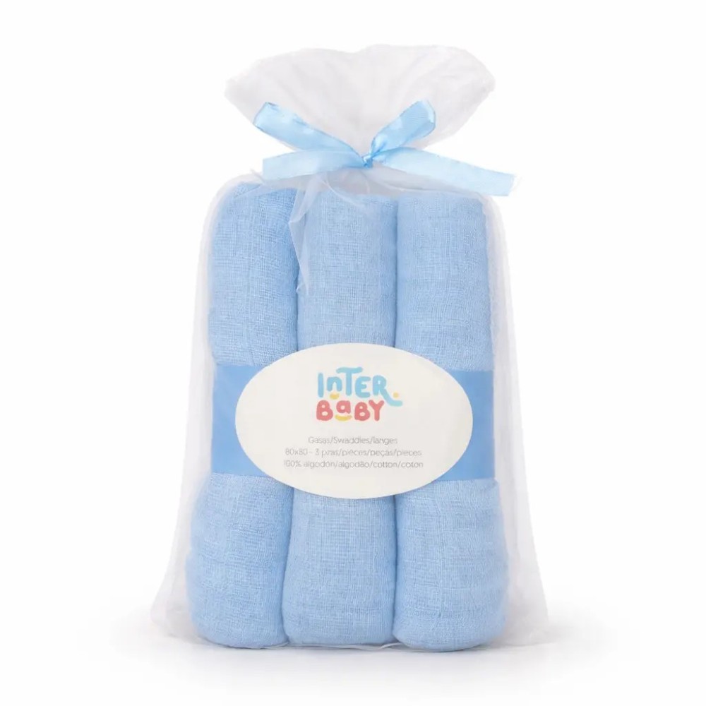 Pack 3 Gasas para Bebé 80x80 cm Modelo Lisas (Azul)