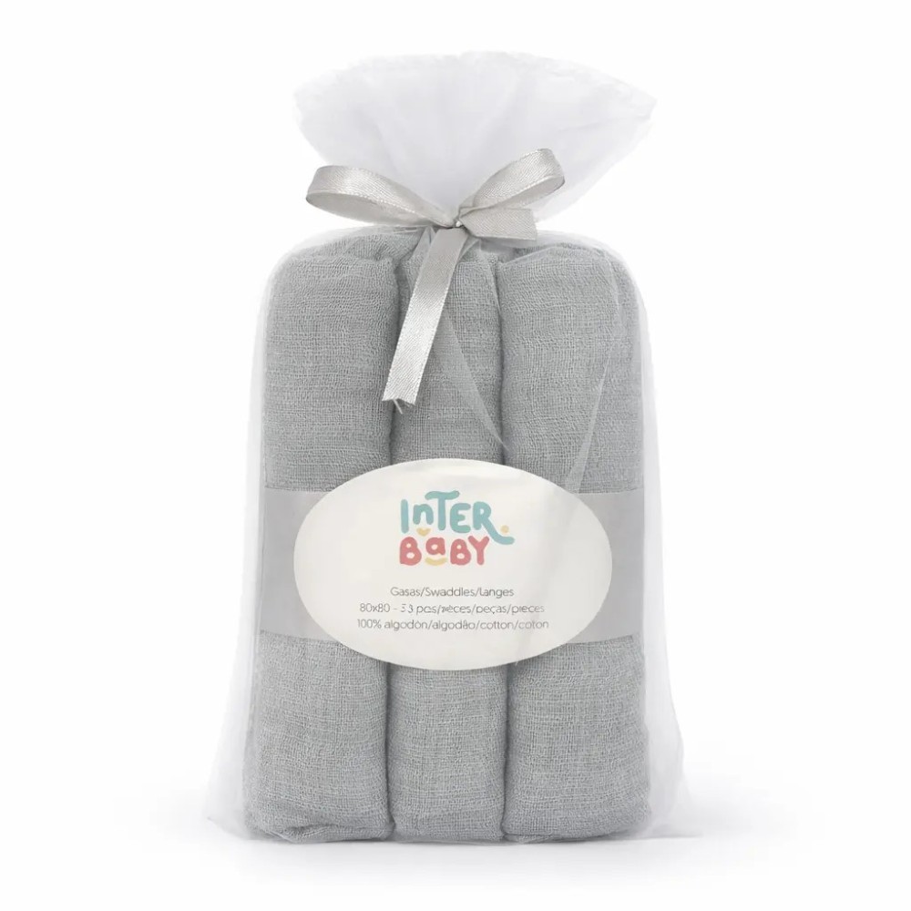 Pack 3 Gasas para Bebé 80x80 cm Modelo Lisas (Gris)