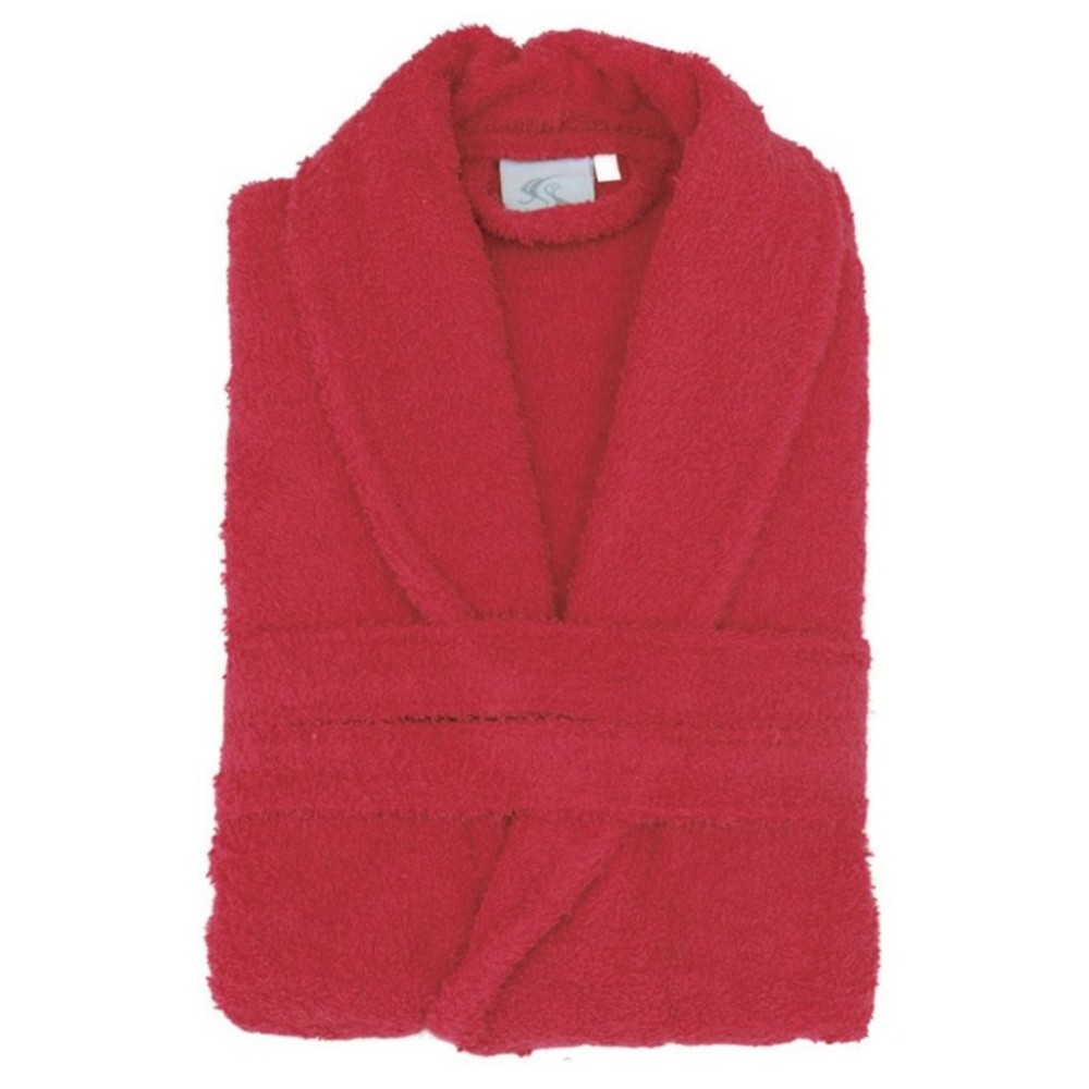 Albornoz de rizo de algodón en color granate, suave y absorbente para usar después de la ducha.