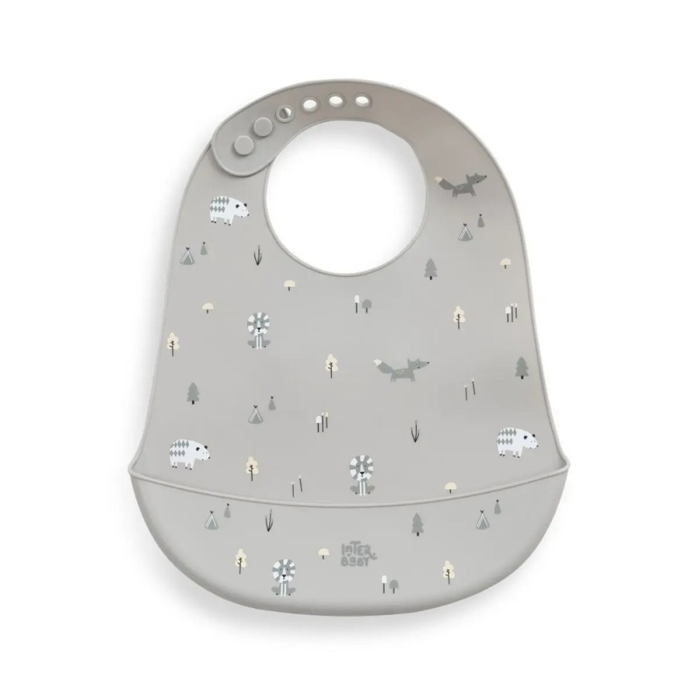 BABERO SILICONA ESTAMPADO MODELO FOREST GRIS PETROLEO INTERBABY