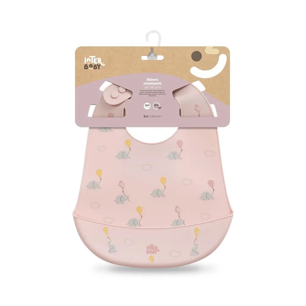 BABERO SILICONA ESTAMPADO ELEFANTES ROSA MAQUILLAJE INTERBABY