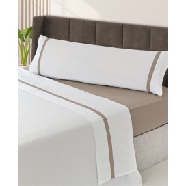 Juego de Sábanas 100% Algodón Percal de 200 Hilos – Blanco y Taupe Elegante