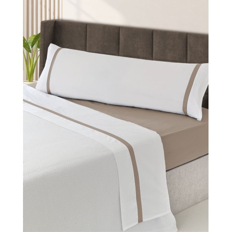 Juego de Sábanas 100% Algodón Percal de 200 Hilos – Blanco y Taupe Elegante