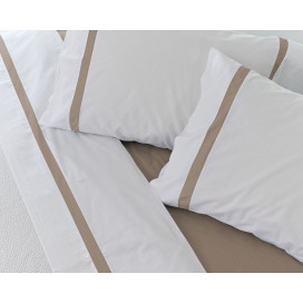 Juego de Sábanas 100% Algodón Percal de 200 Hilos – Blanco y Taupe Elegante