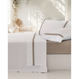 Juego de Sábanas 100% Algodón Percal de 200 Hilos – Blanco y Taupe Elegante