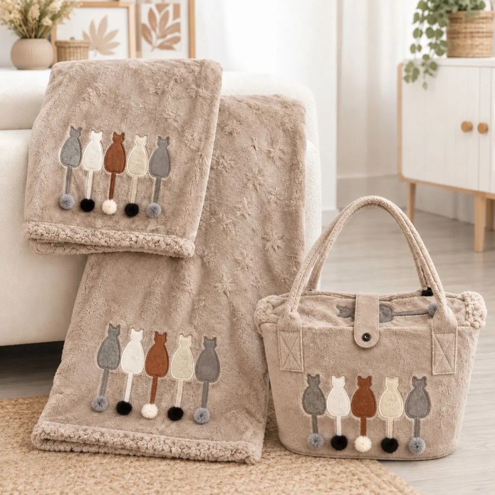Plaid Cats Dolz Beige 130x160 cm con Bolso Revistero
