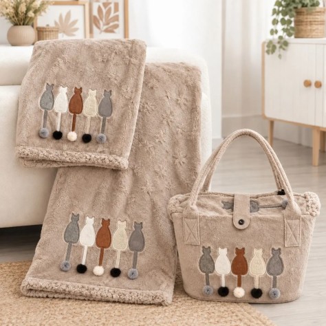 Plaid Cats Dolz Beige 130x160 cm con Bolso Revistero