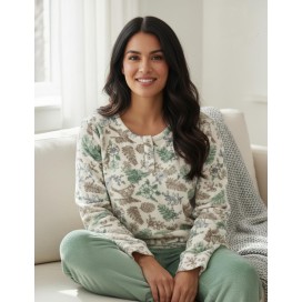 Pijama de Mujer de Muflón Estampado Botánico con Botones (Modelo Eva)