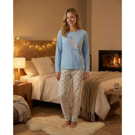 Pijama de mujer de punto Waterlemon azul y beige con perro