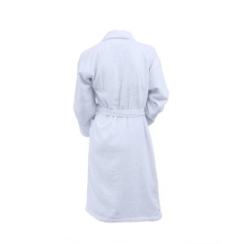 Albornoz unisex en color blanco. Muy absorbente y suave, ideal para secarse en casa o spa.