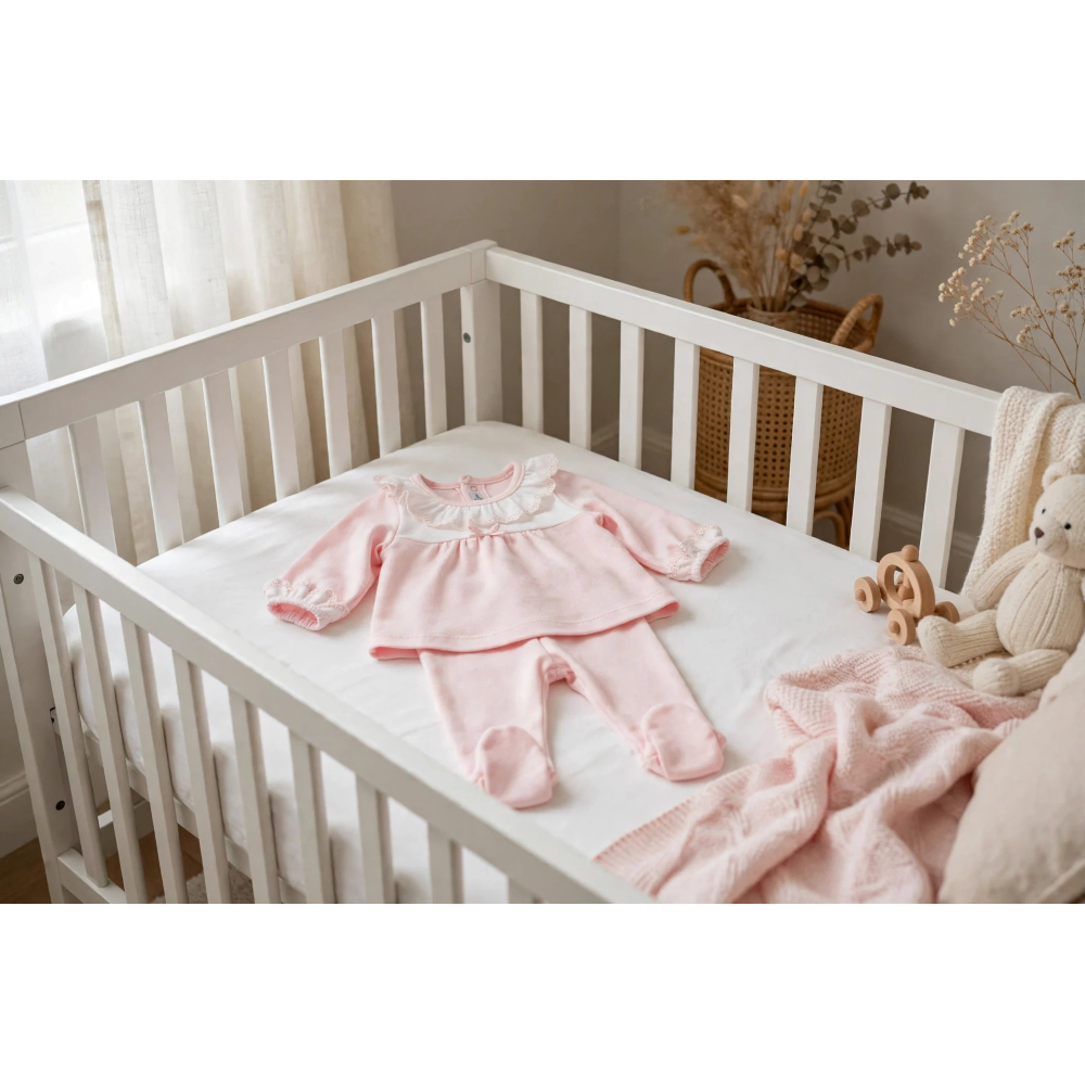 Conjunto polaina bebé niña modelo Cierzo rosa 100% algodón con encaje blanco sobre cuna