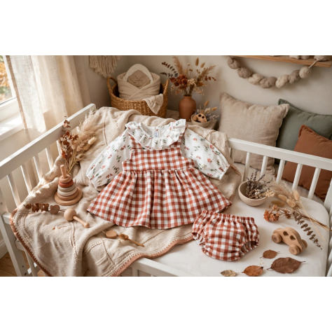Jesusito 3 Piezas Bebé Niña Lalín Terracota Calamaro | Vestido Pichi Vichy + Braguita