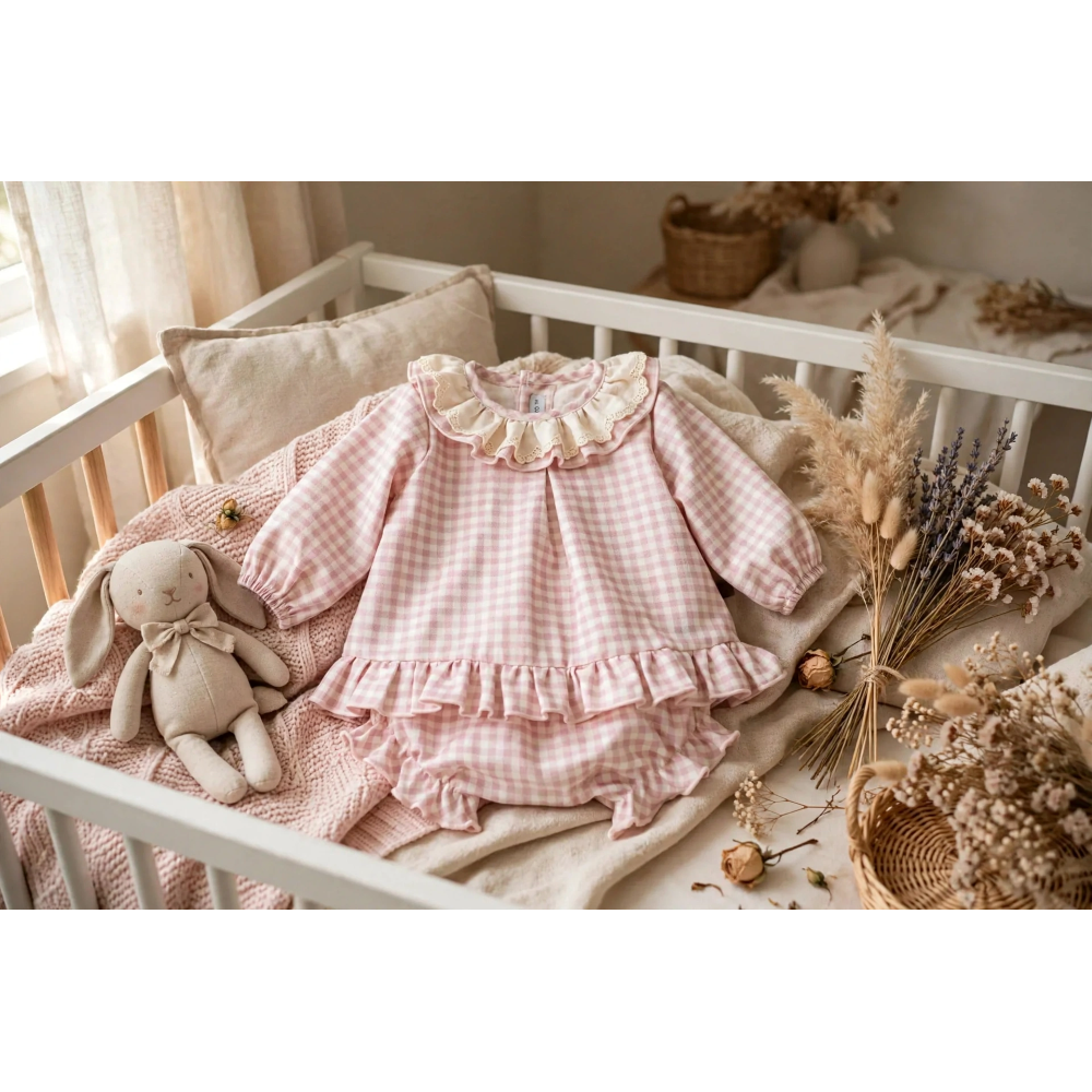 Jesusito Bebé Niña Berg Nude Rosa Vichy - Doble Cuello Volante con Puntilla - Calamaro