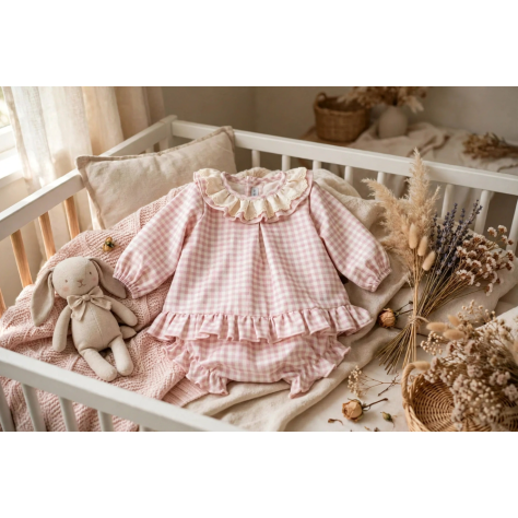 Jesusito Bebé Niña Berg Nude Rosa Vichy - Doble Cuello Volante con Puntilla - Calamaro