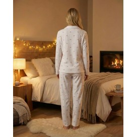Pijama Mujer Camisero Lazos Rosa | Pijama de Invierno Abotonado Spandex