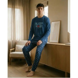 Pijama Hombre Invierno Sleep Mode Gaming | Pijama Largo Azul de punto
